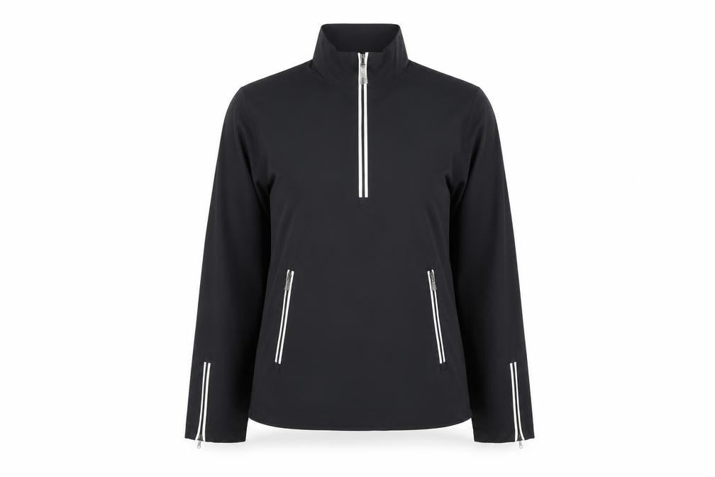 Front view of Ashworth women’s black polyester pullover sweatshirt, size S, zip