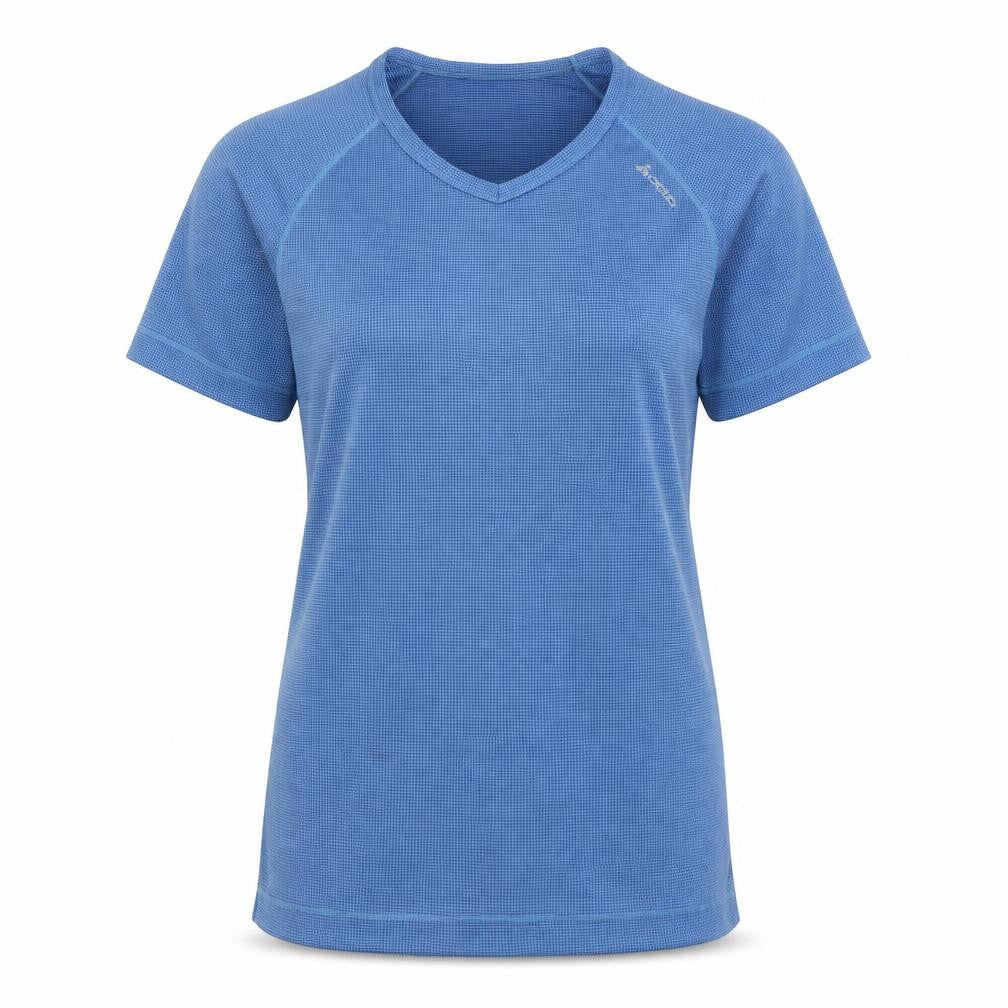 Front view of Odlo women’s blue polyester pullover t-shirt, size L, round neck pullover