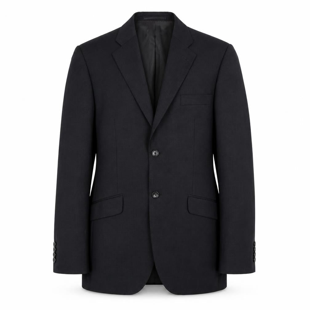 Front view of Howick Tailored men’s black polyester jacket suit jacket, size 38, regular