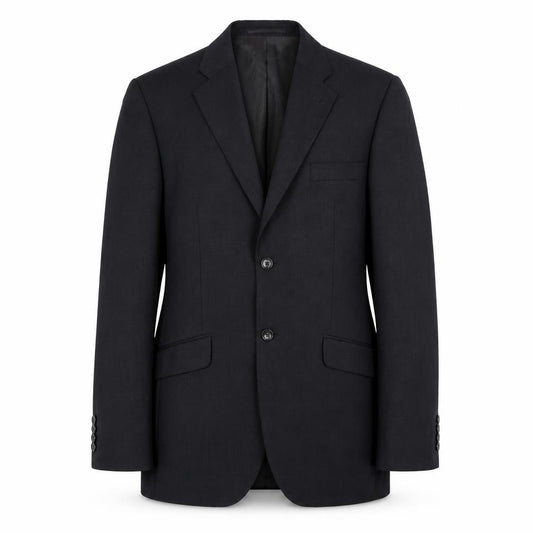 Front view of Howick Tailored men’s black polyester jacket suit jacket, size 38, regular
