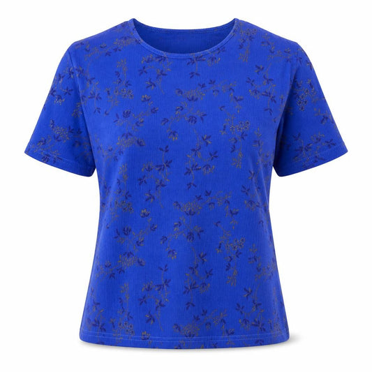 Front view of Silverstone women’s blue floral polyester basic t-shirt, size M, round neck -, size M/l