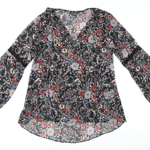 Warehouse Womens Black Floral Polyester Tunic Blouse Size 8 V-Neck