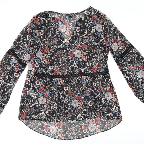 Warehouse Womens Black Floral Polyester Tunic Blouse Size 8 V-Neck