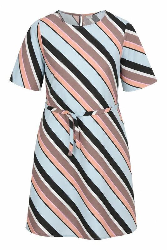 Front view of Jaqueline De Yong women’s multicoloured striped polyester a-line, size UK 12, round neck pullover