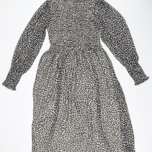 H&M Womens Black Animal Print Polyester Fit & Flare Size 6 Round Neck Zip - Leopard Print