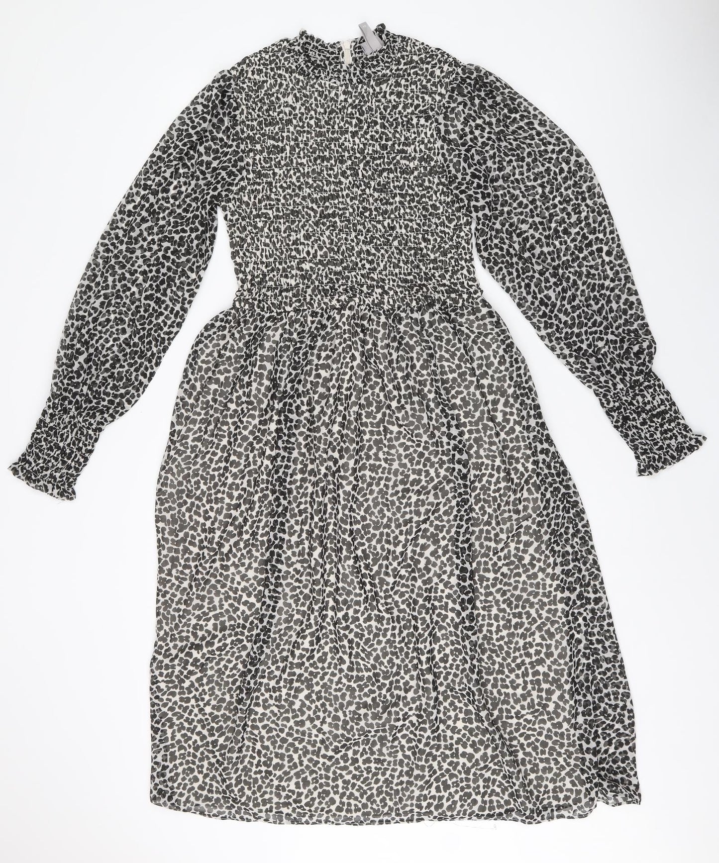 H&M Womens Black Animal Print Polyester Fit & Flare Size 6 Round Neck Zip - Leopard Print