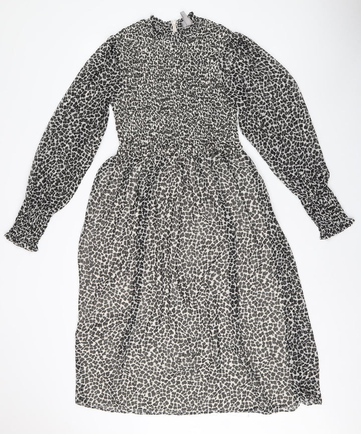 H&M Womens Black Animal Print Polyester Fit & Flare Size 6 Round Neck Zip - Leopard Print