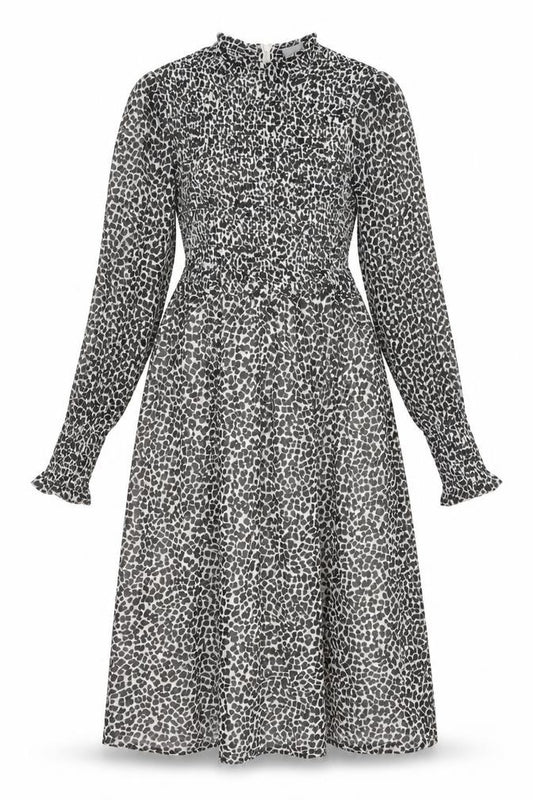 Front view of H&M women’s black animal print polyester fit & flare, size UK 6, round neck zip - leopard print