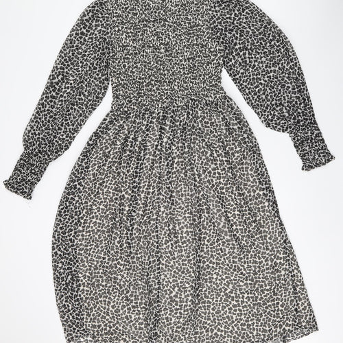 H&M Womens Black Animal Print Polyester Fit & Flare Size 6 Round Neck Zip - Leopard Print
