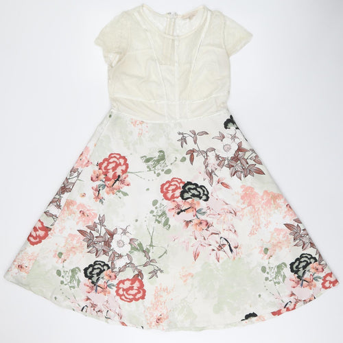 NEXT Womens White Floral Polyester A-Line Size 12 Round Neck Zip