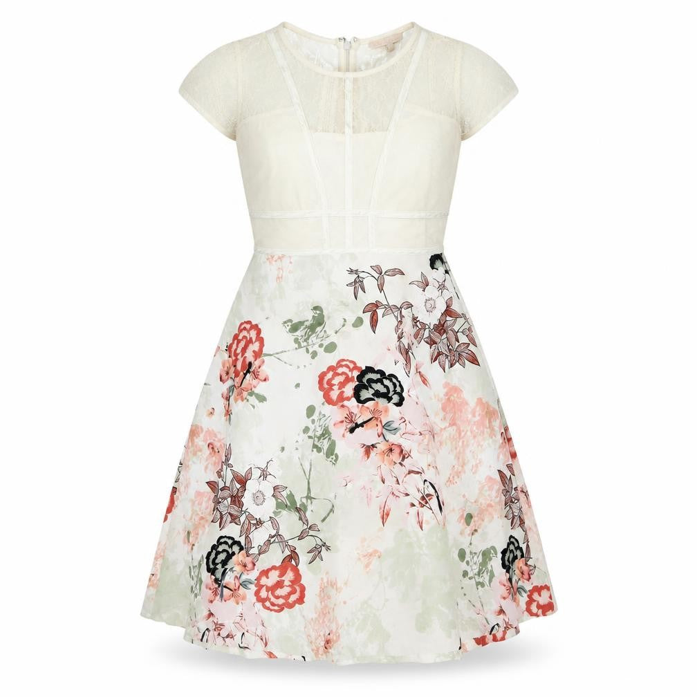 Front view of Next women’s white floral polyester a-line, size UK 12, round neck zip