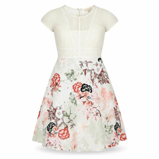 Front view of Next women’s white floral polyester a-line, size UK 12, round neck zip