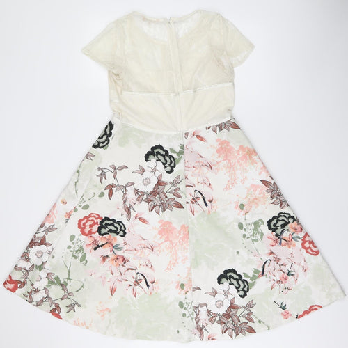 NEXT Womens White Floral Polyester A-Line Size 12 Round Neck Zip