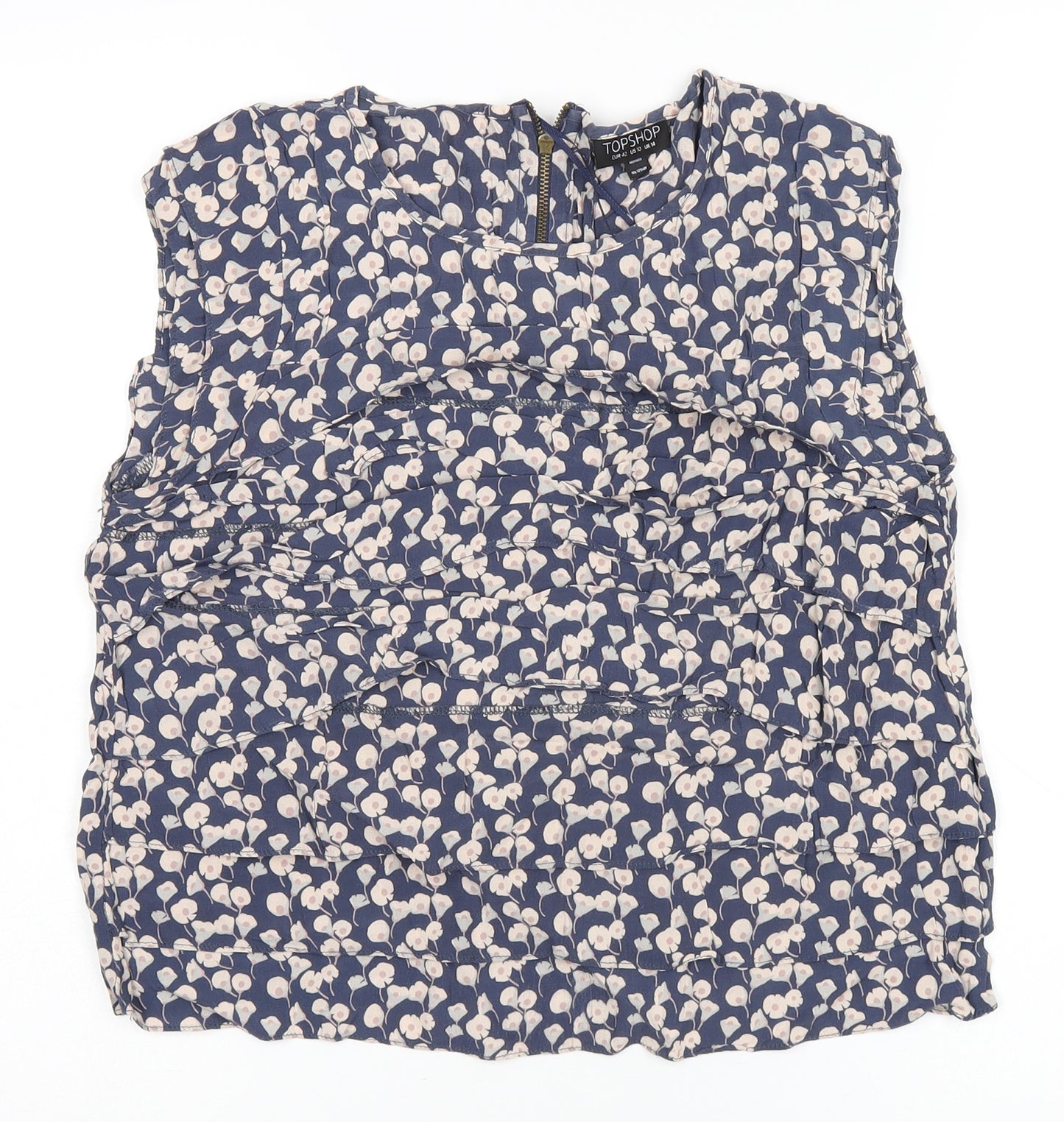 Topshop Womens Blue Floral Viscose Cropped T-Shirt Size 14 Round Neck