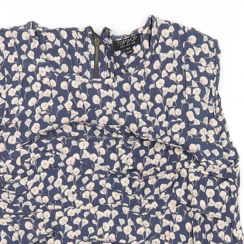 Topshop Womens Blue Floral Viscose Cropped T-Shirt Size 14 Round Neck