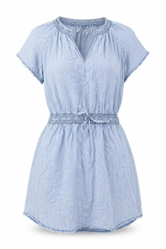 Front view of Velvet Heart women’s blue lyocell a-line, size L, v-neck pullover - distressed hem