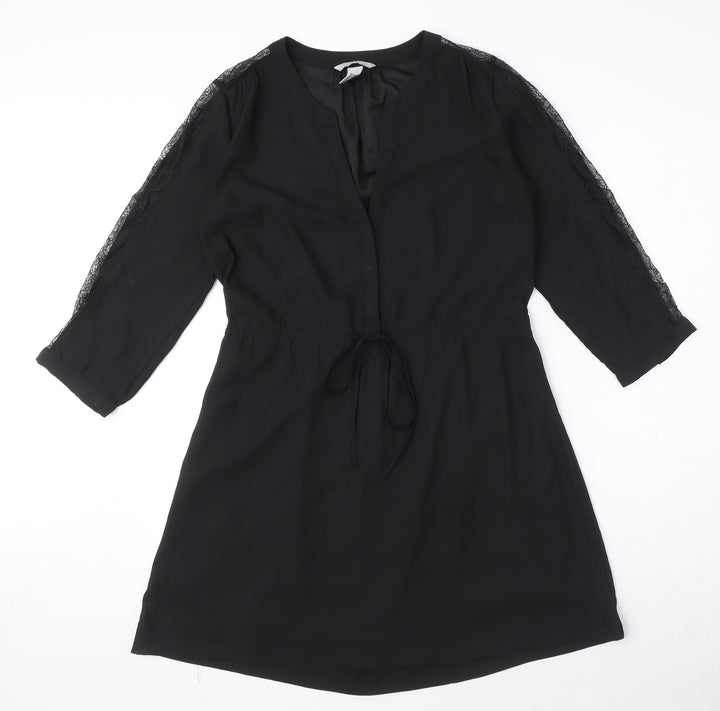H&M Womens Black Polyester Shirt Dress Size 10 V-Neck Button - Drawstring waist