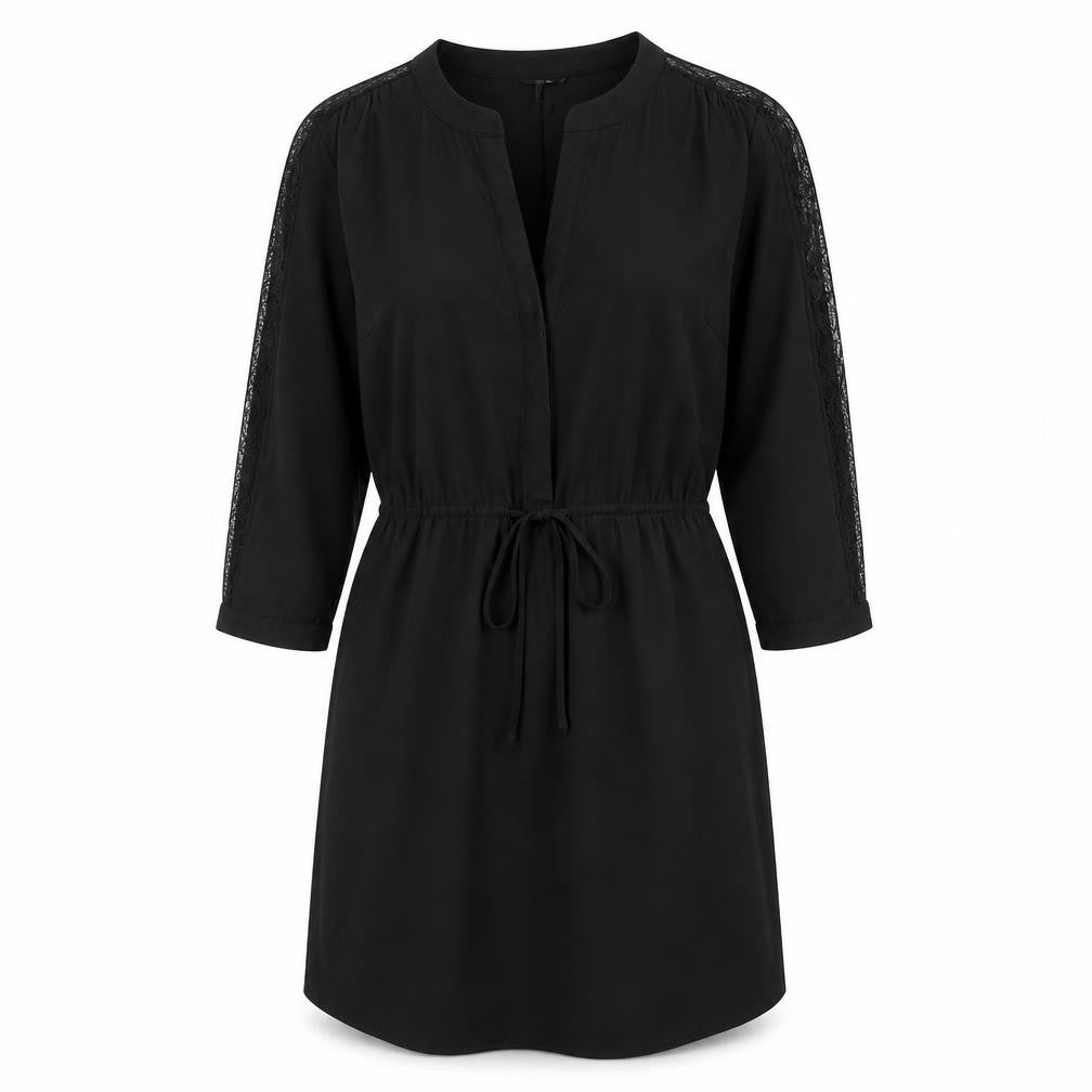 Front view of H&M women’s black polyester shirt dress, size UK 10, v-neck button - drawstring waist