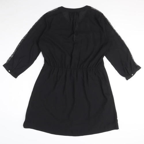 H&M Womens Black Polyester Shirt Dress Size 10 V-Neck Button - Drawstring waist