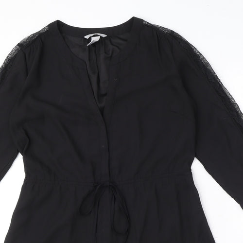 H&M Womens Black Polyester Shirt Dress Size 10 V-Neck Button - Drawstring waist