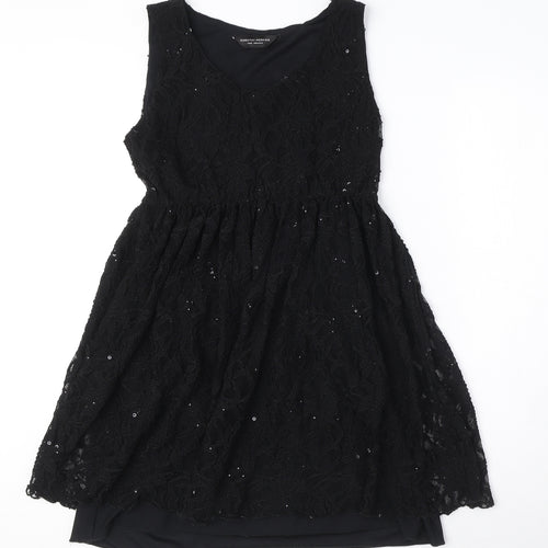 Dorothy Perkins Womens Black Nylon A-Line Size 14 Round Neck Pullover - Elasticated Waist Sequin Detail