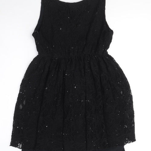 Dorothy Perkins Womens Black Nylon A-Line Size 14 Round Neck Pullover - Elasticated Waist Sequin Detail