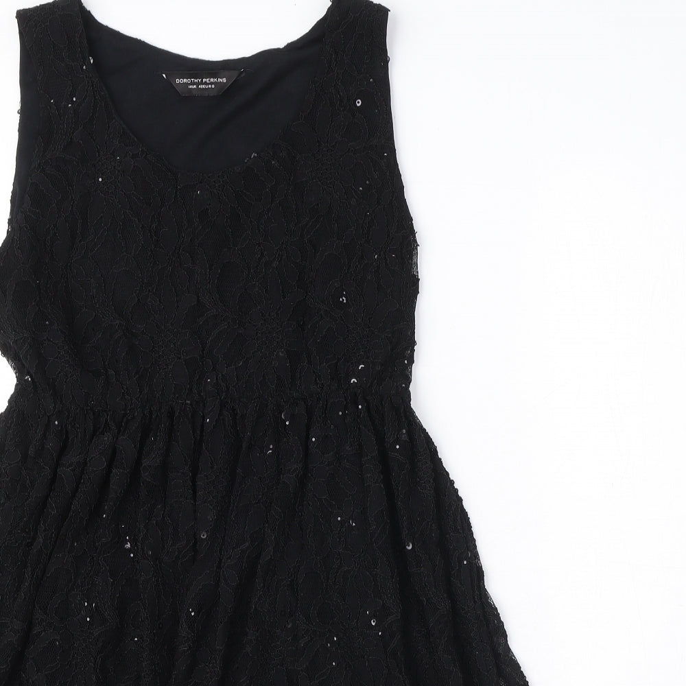 Dorothy Perkins Womens Black Nylon A-Line Size 14 Round Neck Pullover - Elasticated Waist Sequin Detail