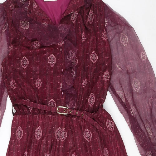 Verena Womens Purple Geometric Polyester Shirt Dress Size 16 Collared Zip - Belted Glitter
