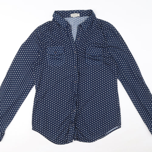 Passport Womens Blue Polka Dot Polyester Basic Button-Up Size L Collared