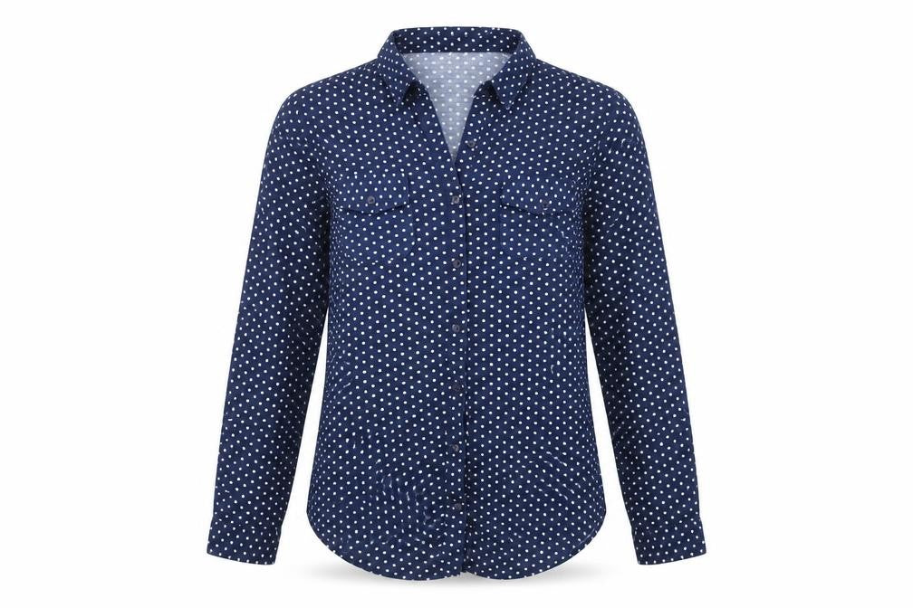 Passport Womens Blue Polka Dot Polyester Basic Button-Up Size L Collared