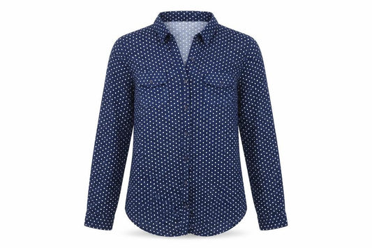 Front view of Passport women’s blue polka dot polyester basic button-up, size L, collared