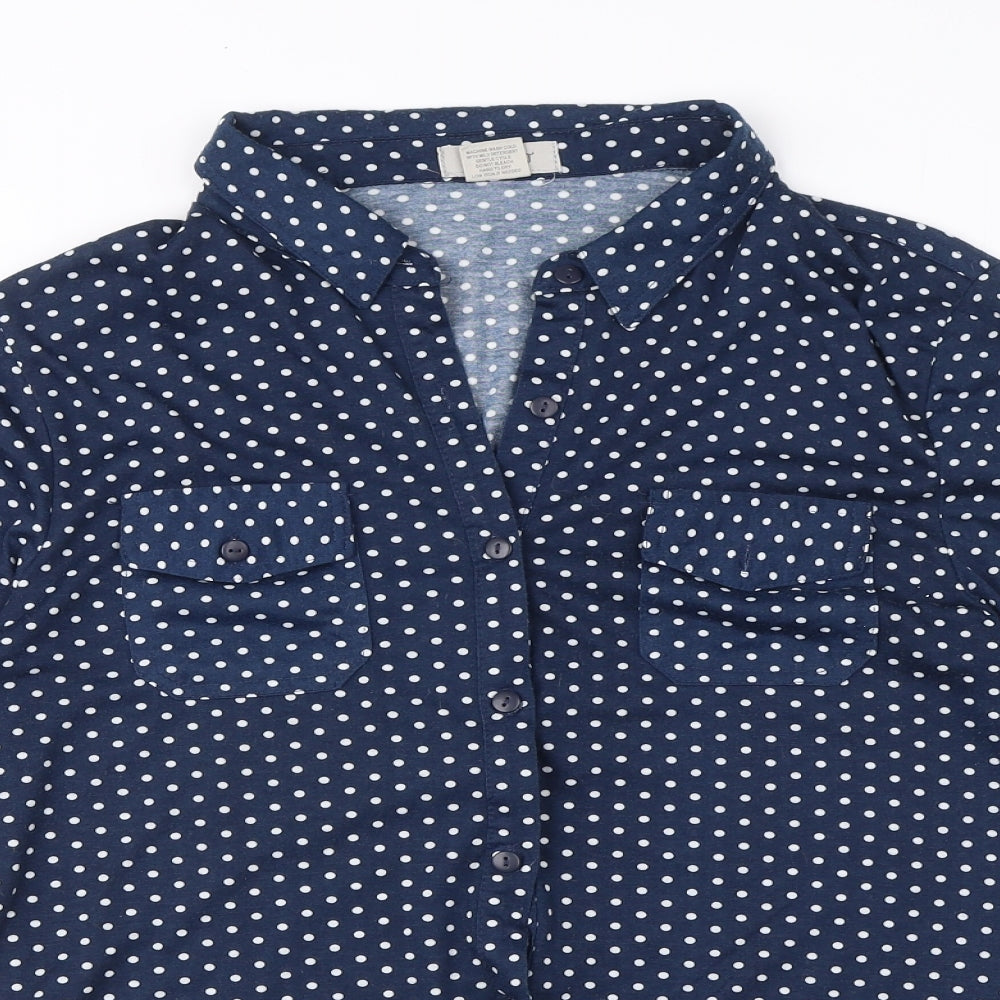 Passport Womens Blue Polka Dot Polyester Basic Button-Up Size L Collared