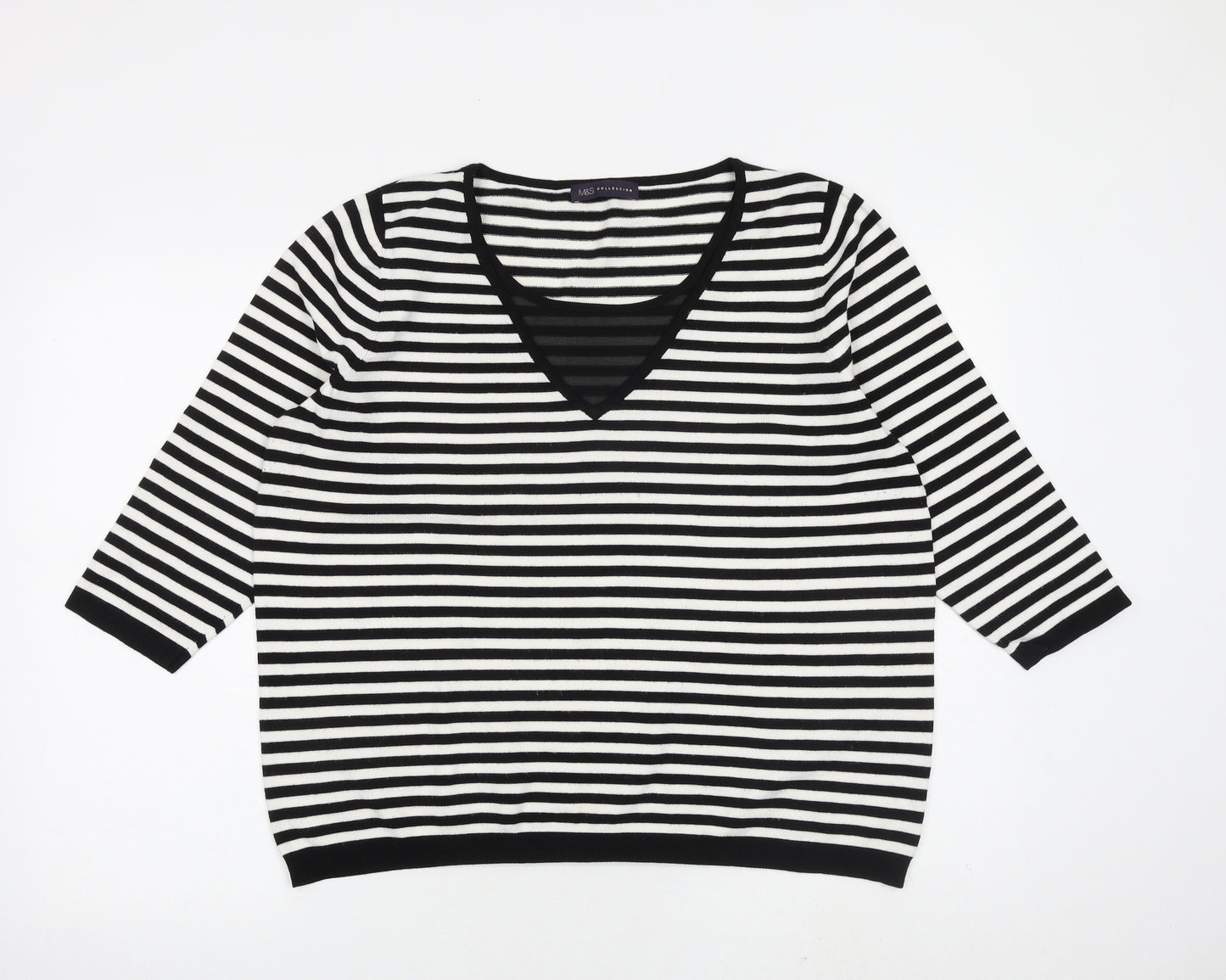 Marks and Spencer Womens Black V-Neck Striped Viscose Pullover Jumper Size 18