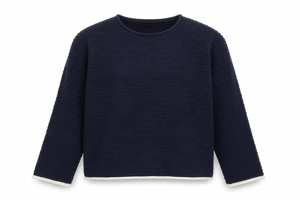 Front view of Marks & Spencer women’s blue round neck cotton jumper, size S
