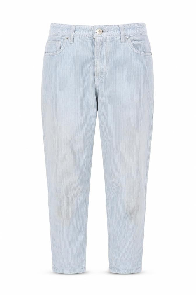 Front view of BDG women’s blue cotton trousers, size UK 28, in, 30-inch leg regular zip