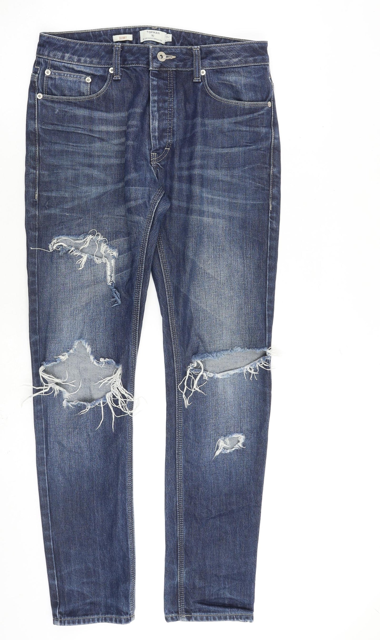 Topman Mens Blue Cotton Skinny Jeans Size 32 in L30 in Regular Zip