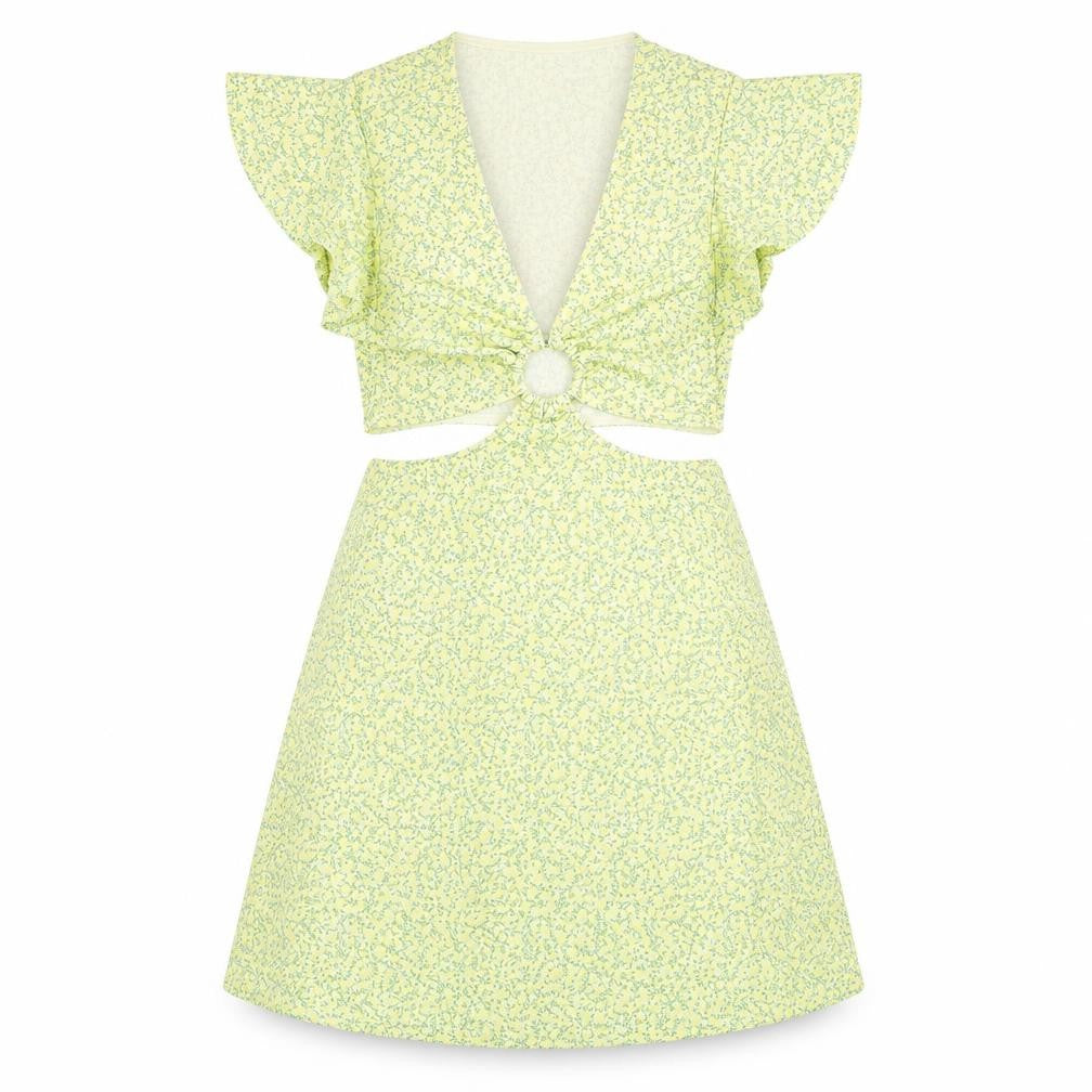 Front view of H&M women’s yellow floral polyester a-line, size XS, round neck pullover