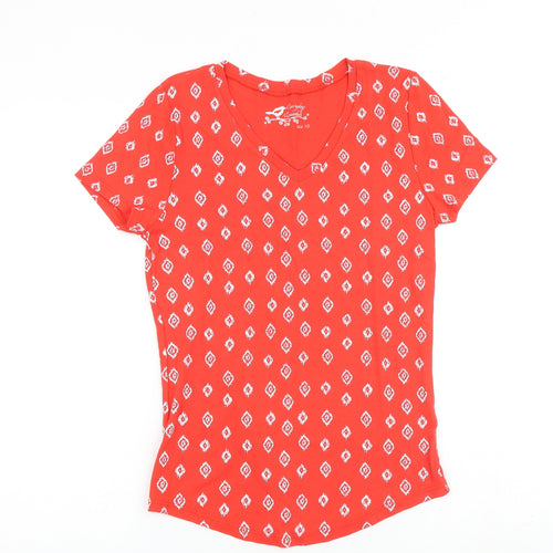 BHS Womens Red Geometric 100% Cotton Basic T-Shirt Size 10 Round Neck