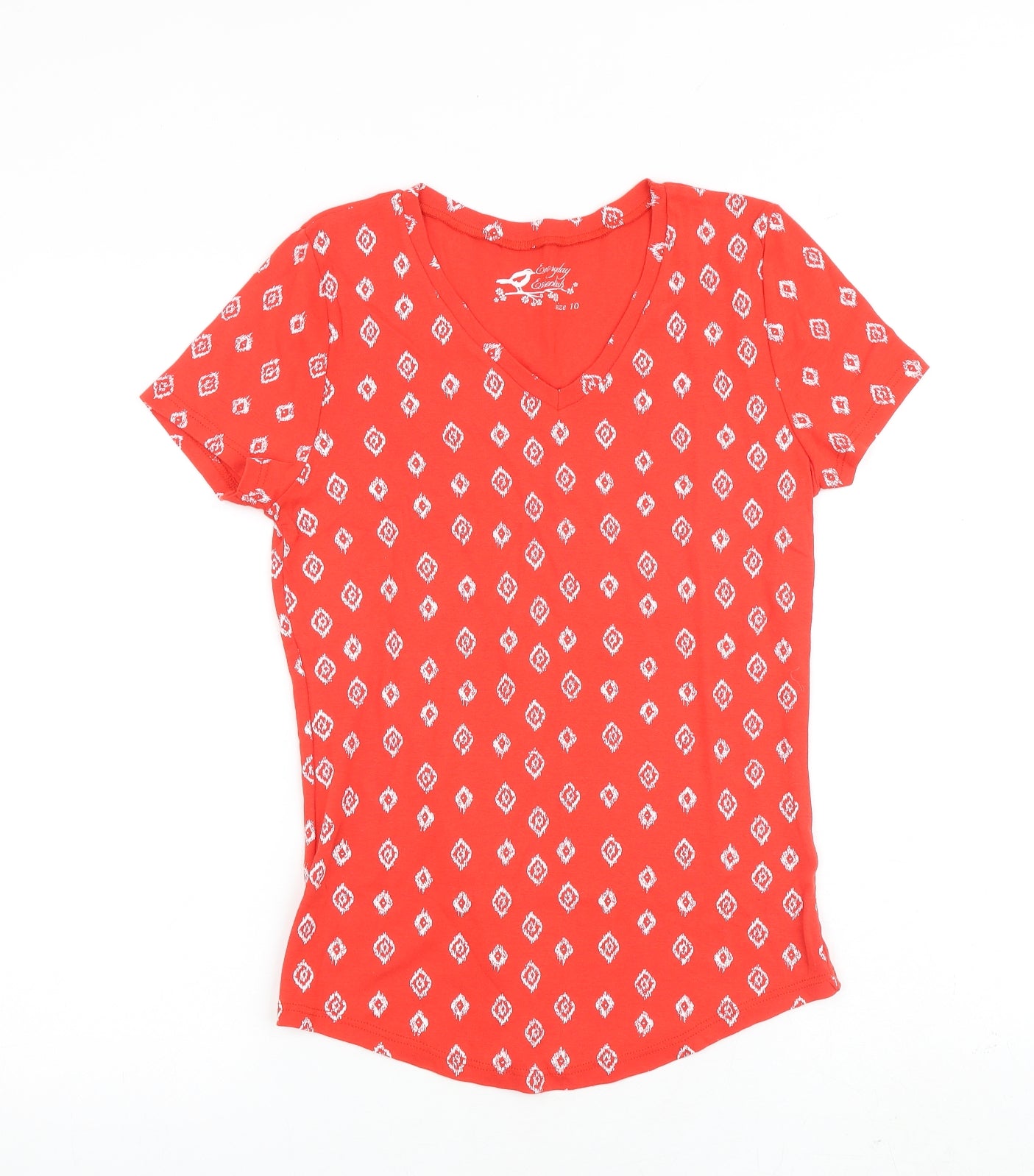 BHS Womens Red Geometric 100% Cotton Basic T-Shirt Size 10 Round Neck