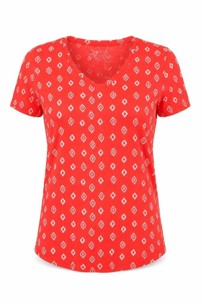 Front view of BHS women’s red geometric 100% cotton basic t-shirt, size UK 10, round neck