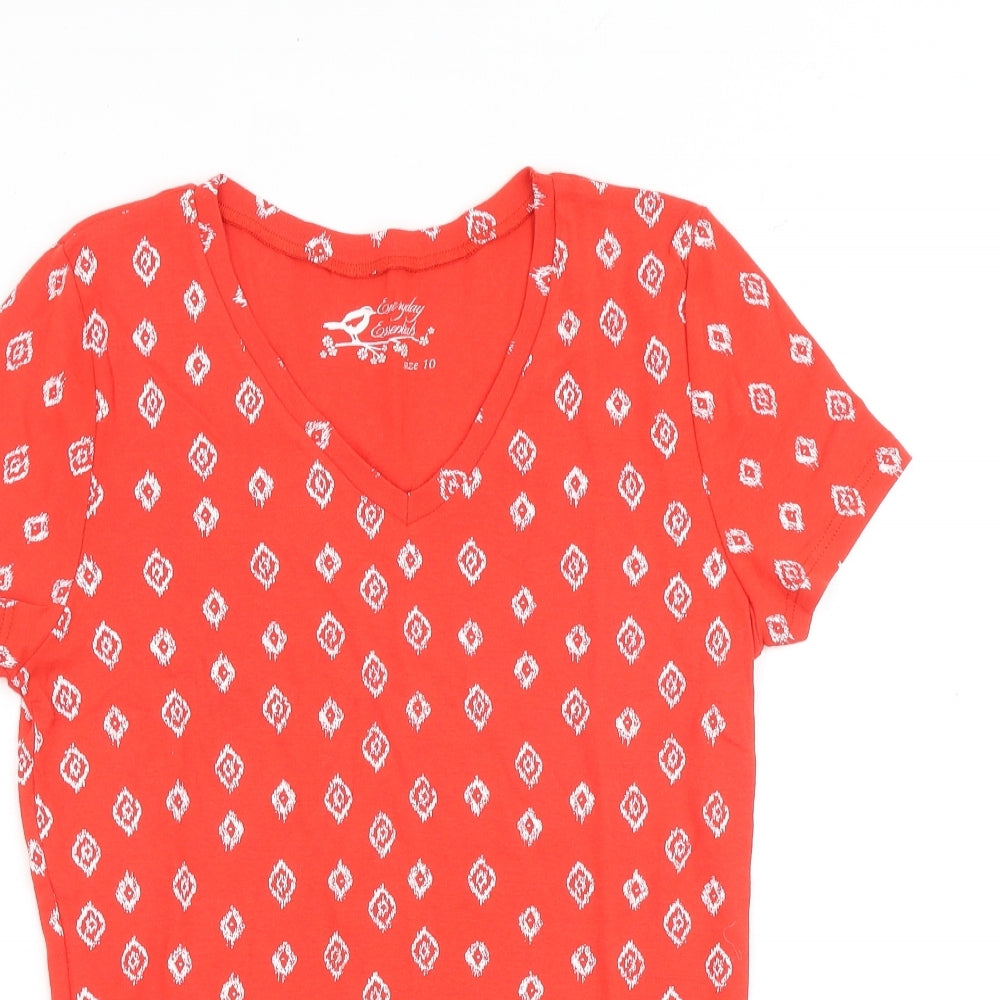 BHS Womens Red Geometric 100% Cotton Basic T-Shirt Size 10 Round Neck