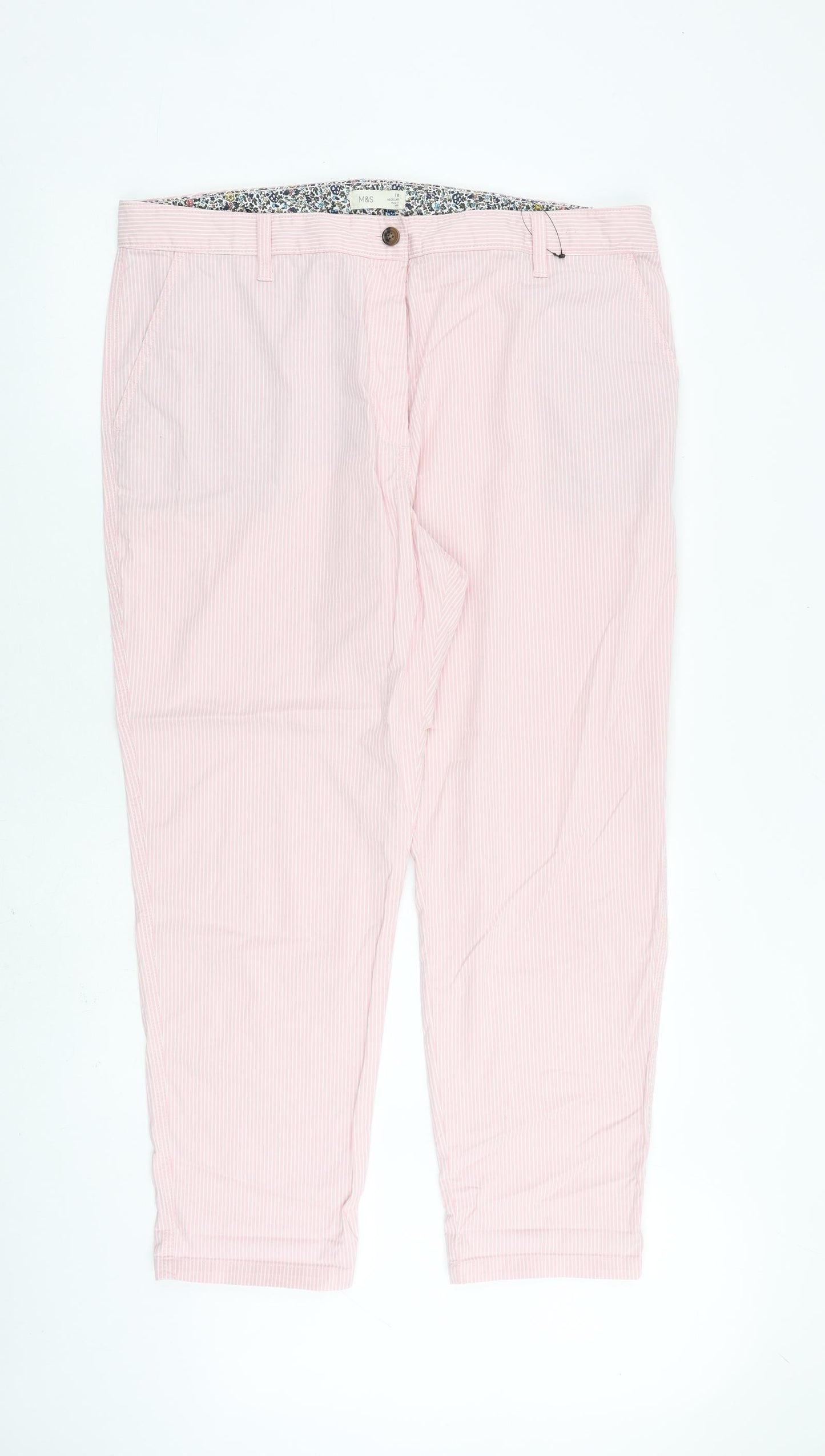 Marks and Spencer Womens Pink Striped Cotton Trousers Size 18 L28 in Regular Zip