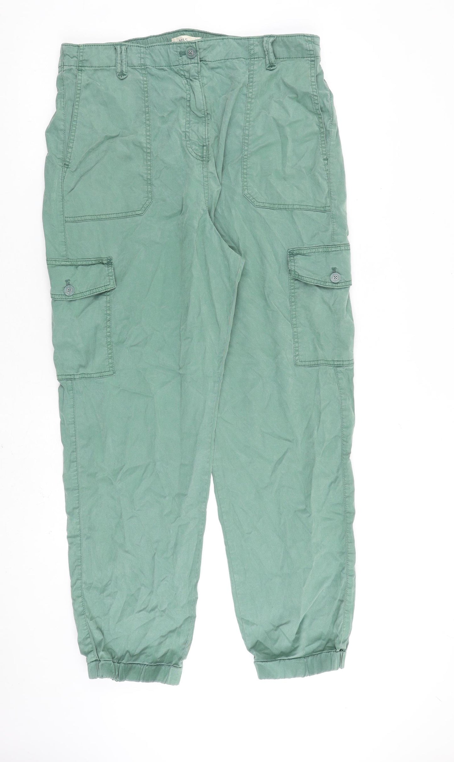 Marks and Spencer Womens Green Cotton Cargo Trousers Size 16 L30 in Regular Zip