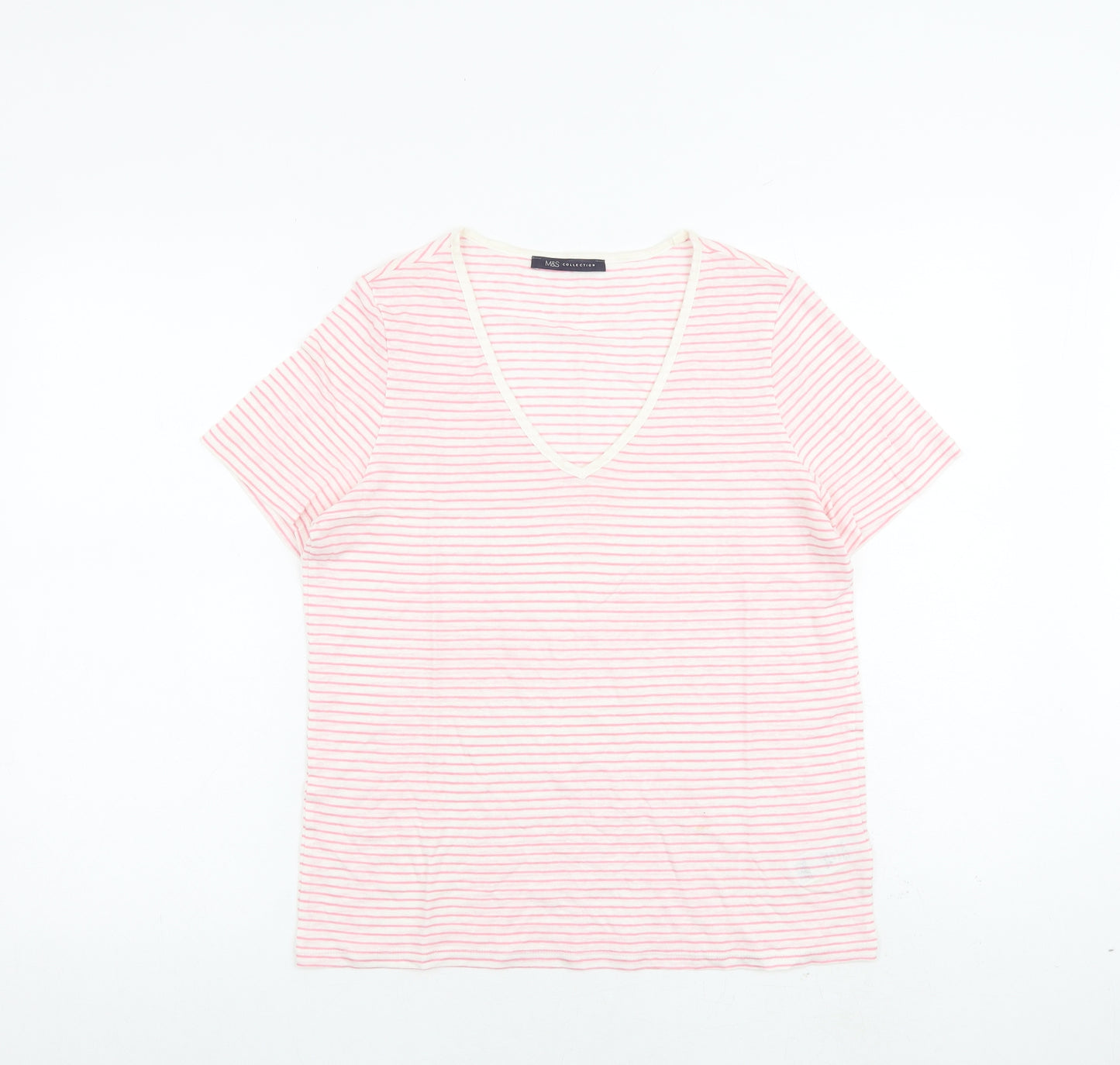 Marks and Spencer Womens Pink Striped Flax Basic T-Shirt Size 8 V-Neck
