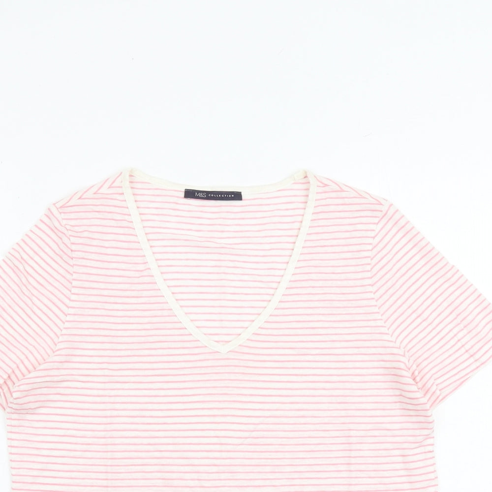 Marks and Spencer Womens Pink Striped Flax Basic T-Shirt Size 8 V-Neck