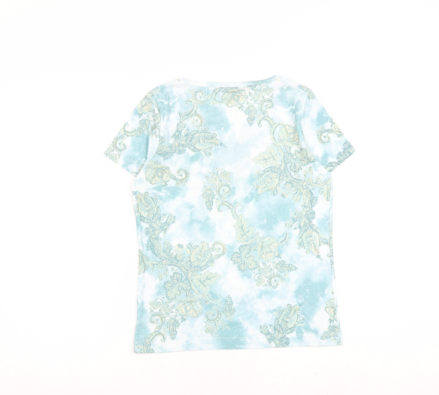 BHS Womens Green Geometric 100% Cotton Basic T-Shirt Size 10 V-Neck