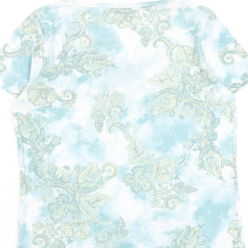 BHS Womens Green Geometric 100% Cotton Basic T-Shirt Size 10 V-Neck