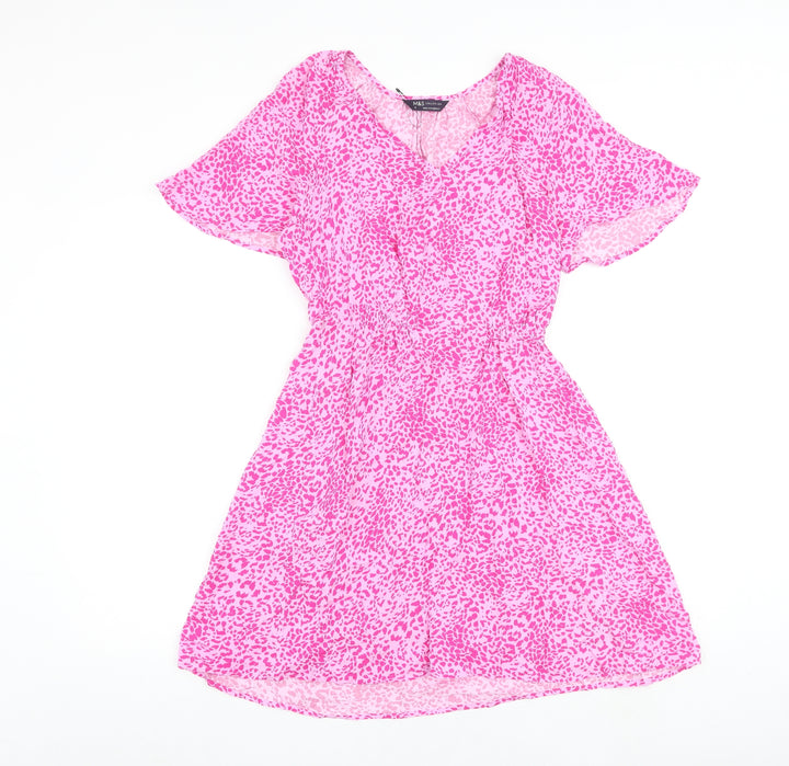 Marks and Spencer Womens Pink Animal Print Viscose A-Line Size 8 V-Neck Pullover