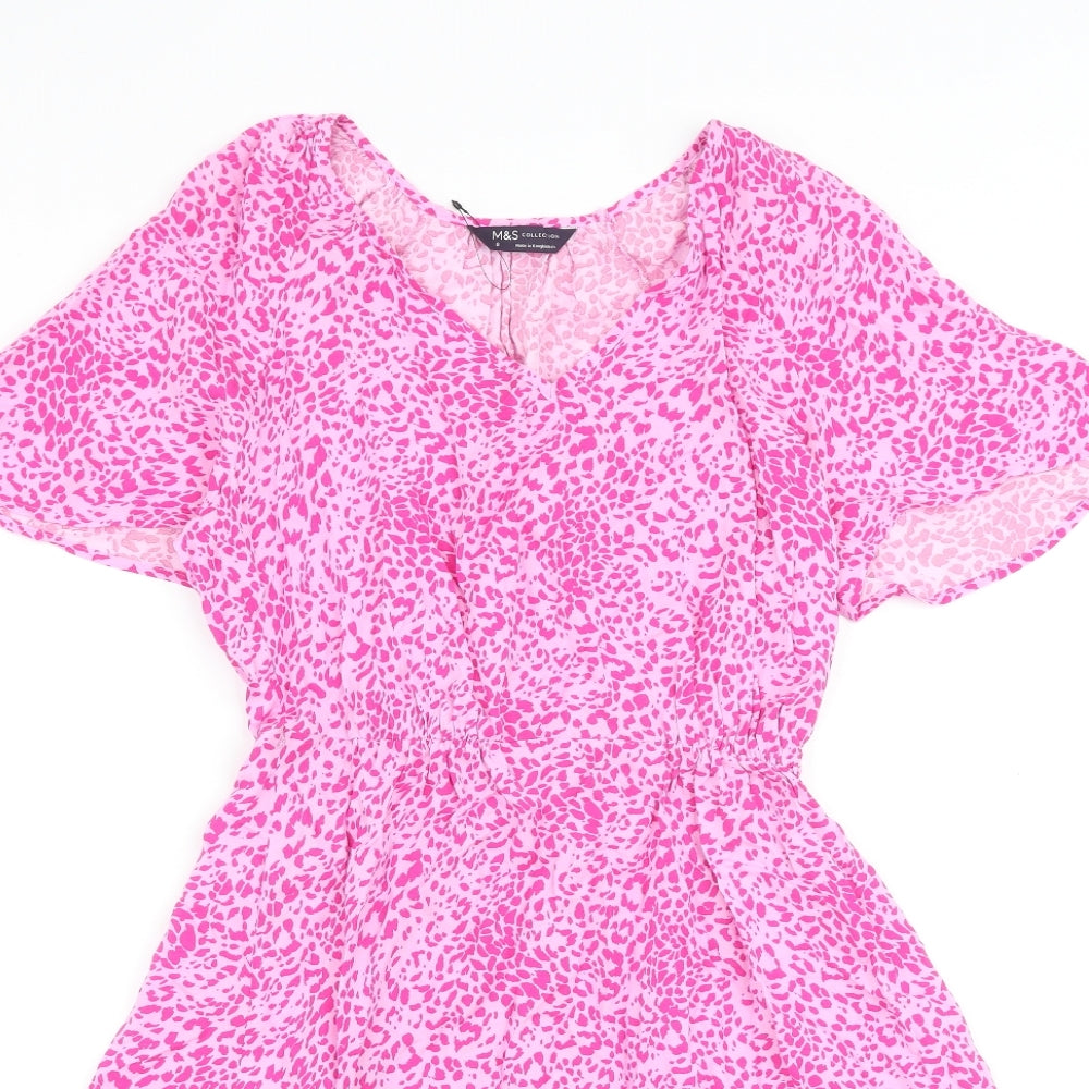 Marks and Spencer Womens Pink Animal Print Viscose A-Line Size 8 V-Neck Pullover