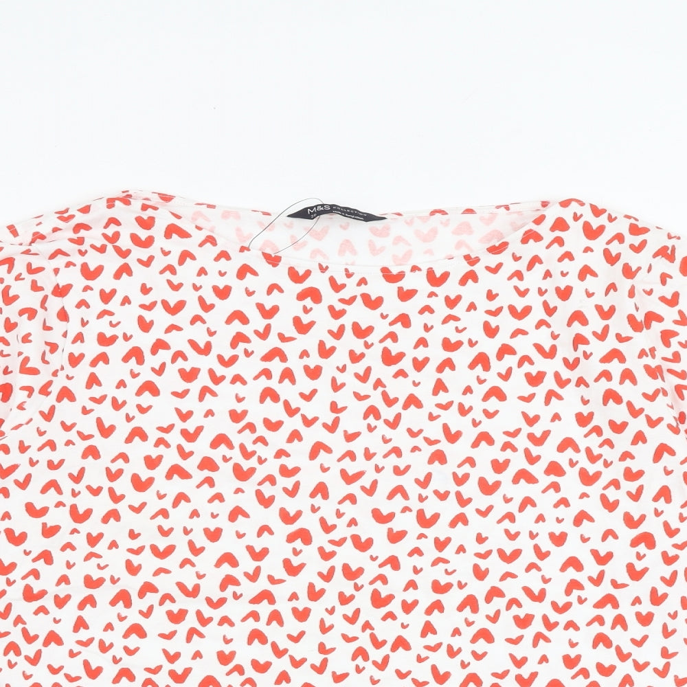 Marks and Spencer Womens White Geometric 100% Cotton Basic T-Shirt Size 20 Round Neck